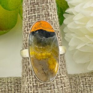 Solid Sterling Silver 925 Bumble Bee Jasper Long Ring Size 7 Boho Southwest New